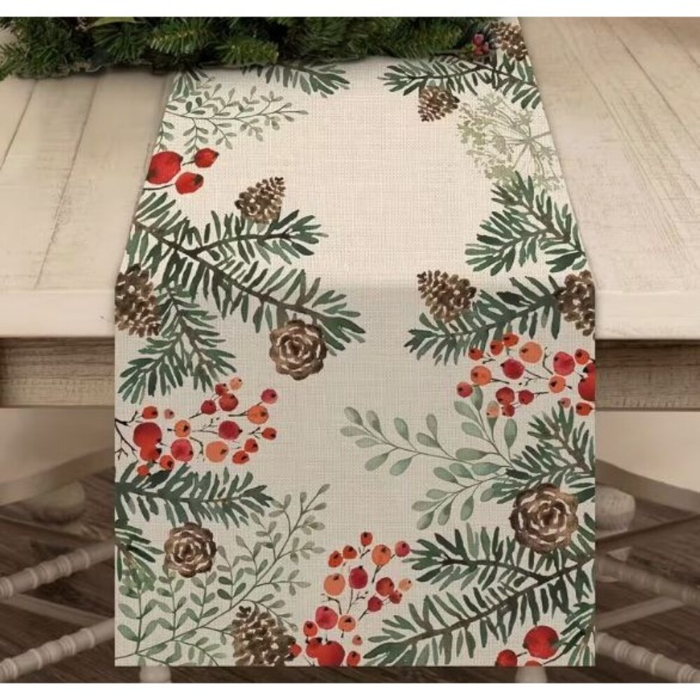 Table runner 13x72in Woven Polyester Berries Pinecones Greenery